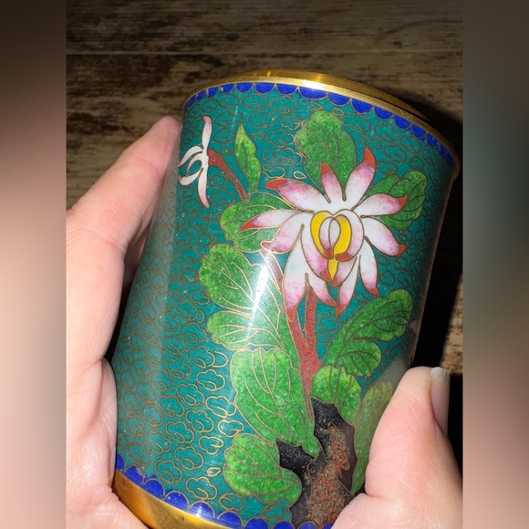 Antique Japanese Meiji Cloisonne Enamel Brush Pot tea container Bronze enamel - Picture 4 of 7